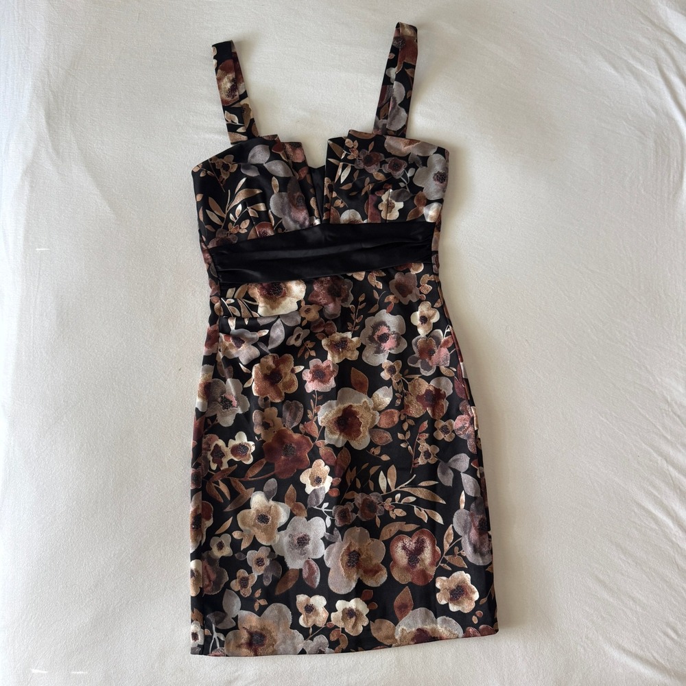 Vtg Mystic Dark Floral Sheath Dress S Satin Waist Y2K 90s Whimsigoth Cocktail